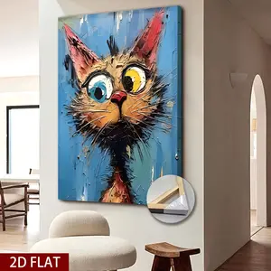 1pc  Wooden Frame Wall Art Set, Creative Cat Design Modern Prints, Whimsical Cat Art Painting Poster, Unique Creative Wall Art Decoration Poster, Canvas Wrapped for Living Room & Bedroom Decoration, Modern Home Decor