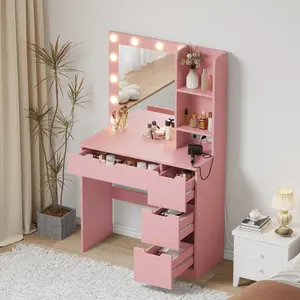 Vanity Desk with Mirror & Power Outlet, 3 Lighting Colors Vanity Desk with 4 Drawers & 12 Bulbs, Modern Dressing Table for Bedroom (Pink), girl
