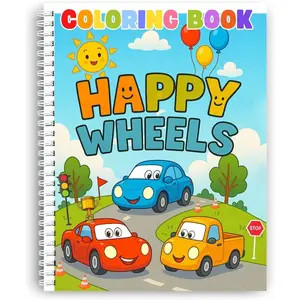 Coloring Book – Happy Wheels: Fun Vehicle Adventures for Kids – Spiral Bound, Perfect for Boys and Girls. Features Cars, Trucks, Buses & More on Wacky Roads! Thick 199 GSM Paper, Sheet Size 8.5x11 in.