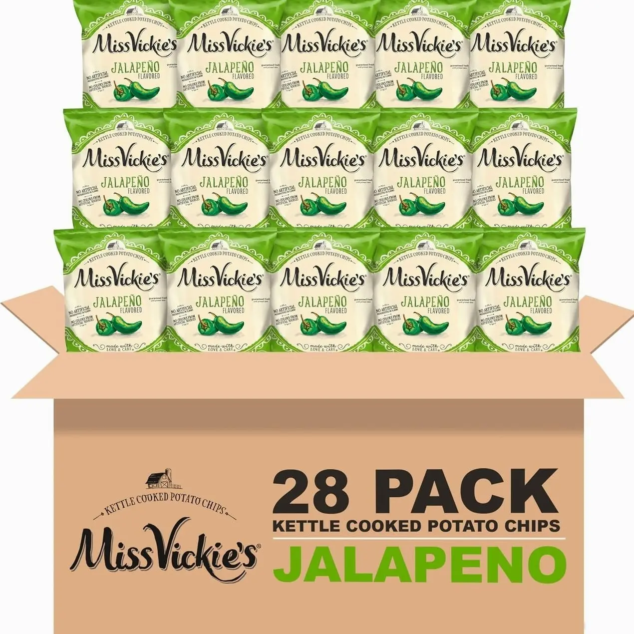 Miss Vickie's Kettle Cooked Potato Chips, Jalapeno, 1.375 Ounce (Pack of 28)