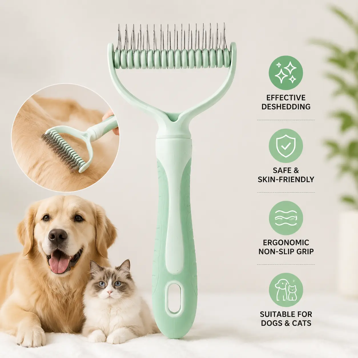 1 Count Pet Dematting Comb, Double Sided Grooming Tool with Non-slip TPR Handle for Cats and Dogs to Remove Tangles and Loose Hair
