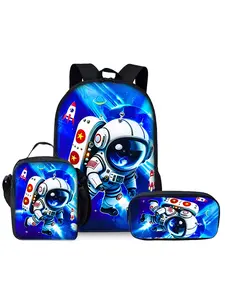 Astronaut pattern printed 17-inch backpack three-piece set (single-layer backpack + shoulder strap lunch bag + single-layer pencil bag)