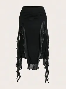 HANNA x Sweetina Women's Solid Color Ruched Patchwork Ruffle Hem Split Hem Low Rise A-Line Skirt