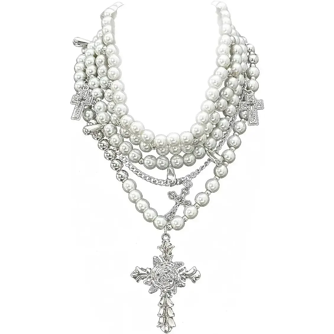 Women's Adjustable Layered Faux Pearl Chain Necklace - Gothic Cross Stacked Chains, Aesthetic Crucifix Costume Jewelry, Stylish Accessories, Jewelry Stack, Cross Necklaces, Adjustable Fit, Cross Motif
