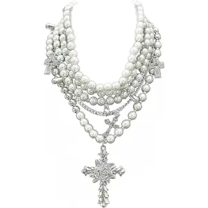 Layered Pearl Necklace Gothic Cross Pearl Stacked Necklace for Women
