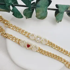 14K Gold Plated ZIRCON Inlaid Crystal  Heart Cuban Chain Women Laminated Gold Bracelet