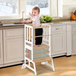 Standing Tower - Adjustable Height  Kitchen Stool Helper -  Kitchen Step Stool for Learning with Removable Safety Railing White &