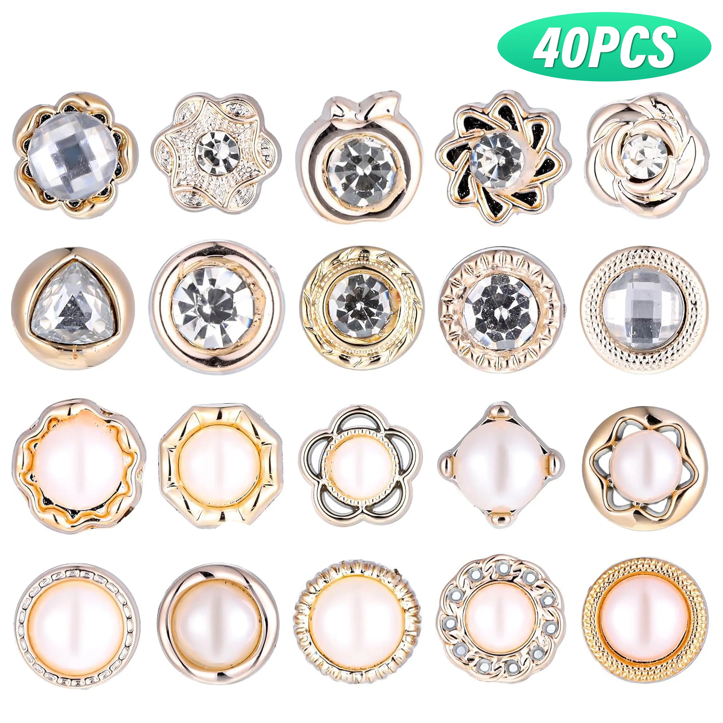 40 Pcs Elegant Brooch Pin Clip Set, Assorted Durable Metal Buttons with Faux Pearl & Rhinestone, Modesty Fashion Lapel Pin for Dresses & Blouses, Durable Metal Pins