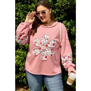 Peach Blossom Plus Size Floral Applique Drop Shoulder Sweatshirt