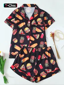 Women's Cute Food Print Pajama Set, Casual Short Sleeve Shirt & Elastic Waist Shorts, Spring Summer Homewear Sleepwear, Loungewear