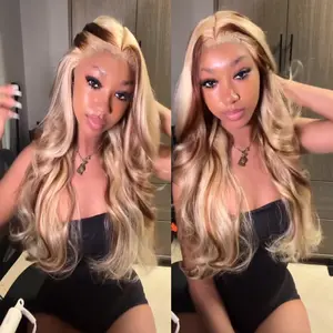 AMZ P4/613 Brown With Blonde Highlighted Body Wave Human Hair Wig 13x4 Lace Front Straight Wigs