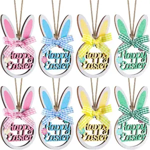 Easter Bunny Tree Decorations Set of 8, Wooden Hanging Rabbit Ornaments with Plaid Bow & Rope, Cute Spring Home Decoration, Wooden Decorative Ornaments