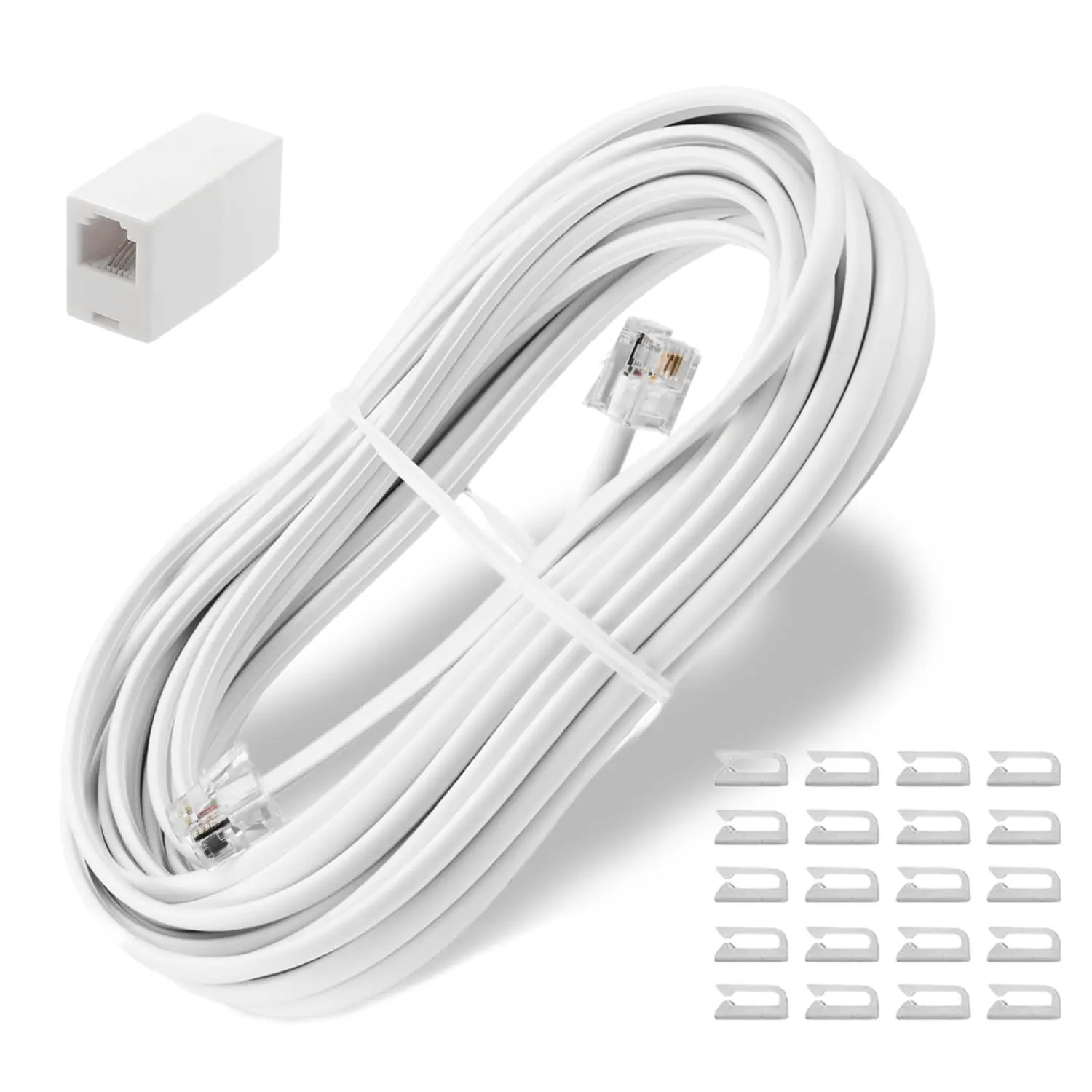 15 Feet Phone Extension Cord  RJ11 Cable White Line - Landline Telephone Wire with Coupler and 20pcs Clips for Modem|Fax Machine|Router
