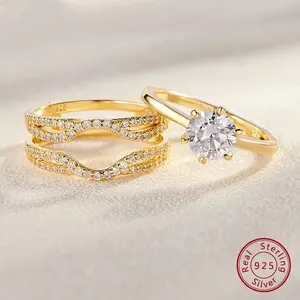 Solid 925 Sterling Silver Solitaire Round Cut 5A CZ Wedding Rings Set for Women Eternity Stacking Guard Ring Enhancer Yellow Gold#Love Story#Love Story #Love Story