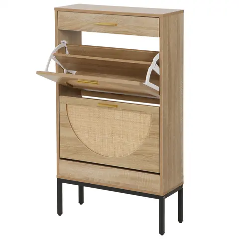 Segawe Freestanding Shoe Cabinet - Natural Traditional Geometric Cupboard Furniture, 2 Half-Circle Rattan Mesh Flip Drawers, Adjustable Wood-Metal Structure, Smooth Beige Multi-Layer Cabinet, Dual-Shelf Entryway Corner Storage Rack