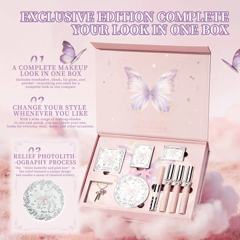 Pink Butterfly Makeup Palette Set, Cosmetic Makeup Set, full complete makeup collection. It is fully equipped with eyeshadow, blush, lip mud, pressed powder, highlighter and brow tint, an ideal perfect gift for beginners and young girls.