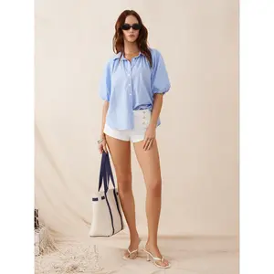Cider Cotton Striped Ruched Lantern Sleeve Blouse SwimWeek