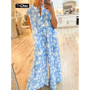 Women’s floral print half-button wide-leg jumpsuit, casual sleeveless summer jumpsuit, fashionable women’s clothing for daily wear, overalls, boho