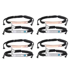 His Queen Her King Couple Bracelets Adjustable Heart-Shaped Design Unisex Bangle for Men Women Love Gift 16-28cm Hand-Woven Chain Stainless Steel Engraving