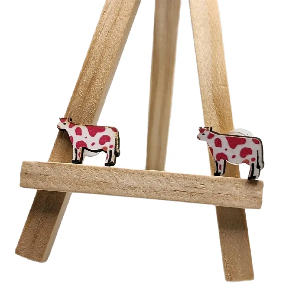 Pink Cow Earrings - Cute Cow Design High-Quality Wooden Accessory for Women Perfect for Animal Lovers and Casual Outfits with Playful Pink Color and Detailed Cow Face Features