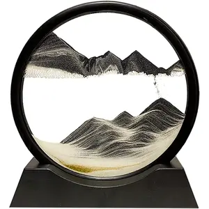 X-SO64  Moving Sand Art Picture Decor, 3D Deep Sea Sandscape Liquid Motion, Round Glass Frame Display Flowing Sand Relaxing Gift for Kids Adults Home Office Work Desktop Decoration Toy (Black, 7") Decorative Sculptures Artistic