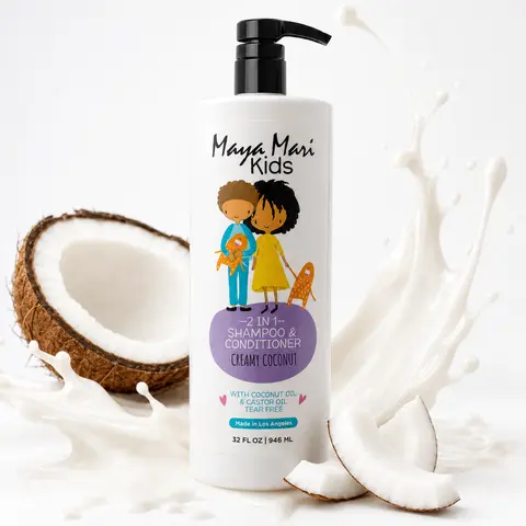 Maya Mari Kids 2-in-1 Tear-Free Anti-Frizz Shampoo & Conditioner Cleanser - 32 fl oz, Non-Toxic with Natural Oils (Coconut, Castor) & Antioxidants, Hydrating for Children’s Curly/Wavy Locks (All Hair Types)