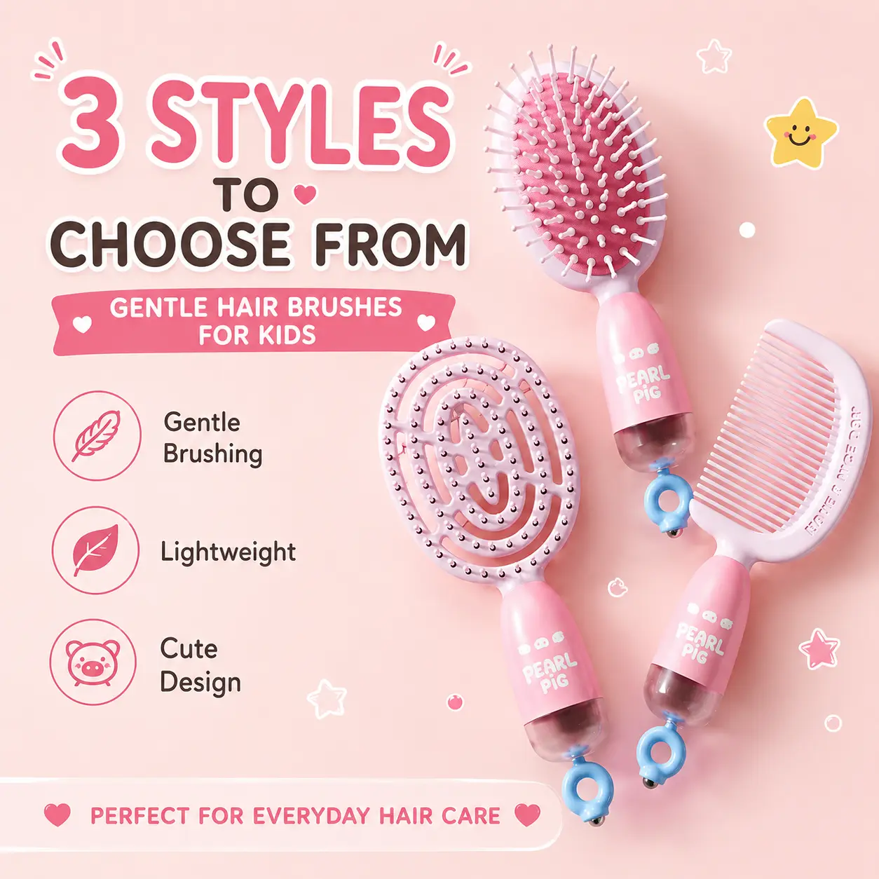 Kids Hair Brush with Storage Hair Clip, Detangling Brush for Girls, Vent Brush/Cushion Brush/Wide-Tooth Comb, Scalp Massage Hair Comb