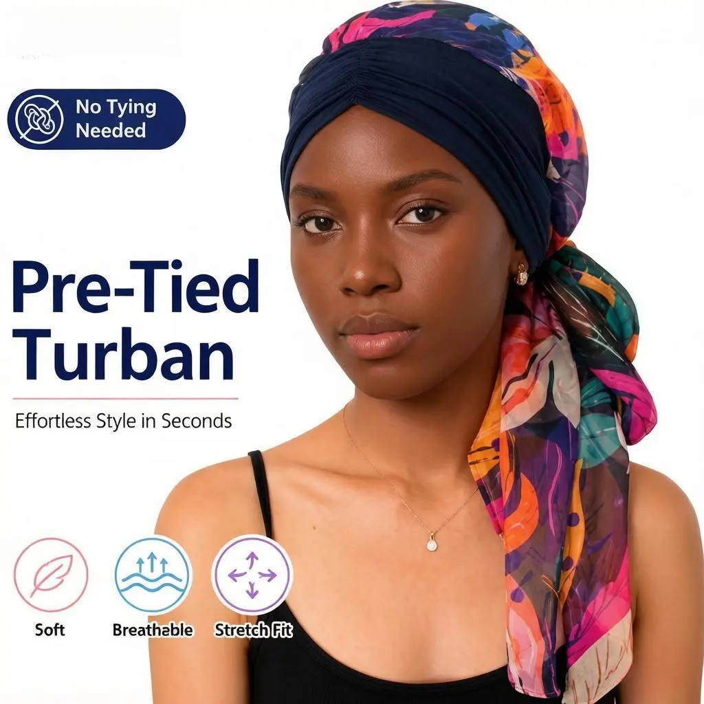 Women's Pre-Tied Turban Head Wrap - Boho Long Tail Stretch Fabric Chemo Head Scarf for Hair Loss, Cancer Patients, Sleep Cap, Everyday Wear