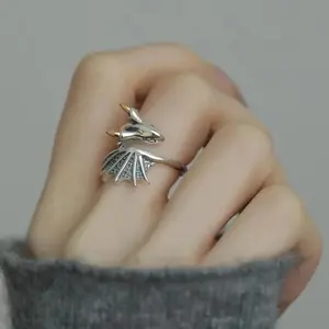 PANJBJ 925 Silve Wing Dragon Punk Ring for Women Girl Party Gift  Retro Hiphop Fashion Jewelry Dropshipping