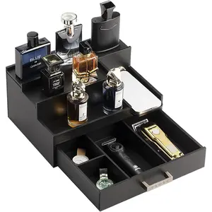 Cologne Organizer for Men, 3 Tier Perfume Display Stand with Drawer and  Compartments, Stylish Wooden Mens Cologne Holder for Dresser Storage,   for Men/Fathers, Black
