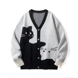 2026 #Springfresh Cartoon cat cardigan V-neck sweater for both men and women, simple and elegant color-blocking long-sleeved knitted sweater for autumn and winter SpringStatements