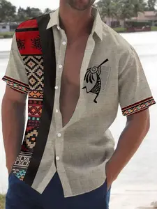 Men's Summer Thin Short Sleeve Shirt, Indian Totem Patchwork Ethnic Style, Loose Casual Fit, All over Print, Spring & Fall Fashion, Casual Graphic Shirt