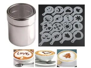 16-Piece Coffee Stencil Set with Stainless Steel Powder Shakers - Barista Tools for Latte, Cappuccino, and Cupcake Decoration TIKA