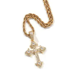 Iced Out White Gold Plated Cubic Zirconia Cross Pendant Necklace With Rope Chain, Trendy Hip Hop Cross Faith Pendant Jesus Necklace For Men Women