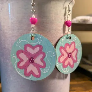 Hand-Painted Native American Heart Flowers Wooden Dangle Earrings