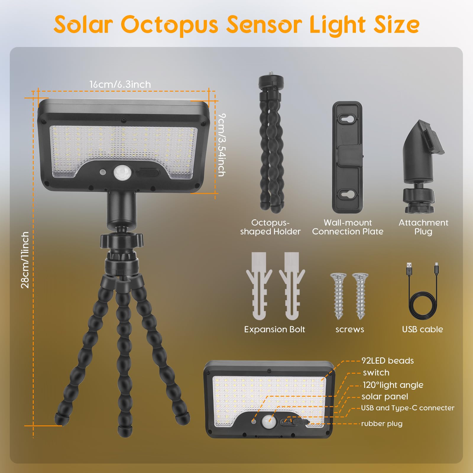 Clamp-on Solar Light Outdoor with Octopus Tripod, 3 Color Temperatures and Remote Control, Motion Sensor Fence Light Solar Powered, IP65 Waterproof Secht, Suitable for Outdoor, Deck, Gutters, Camping