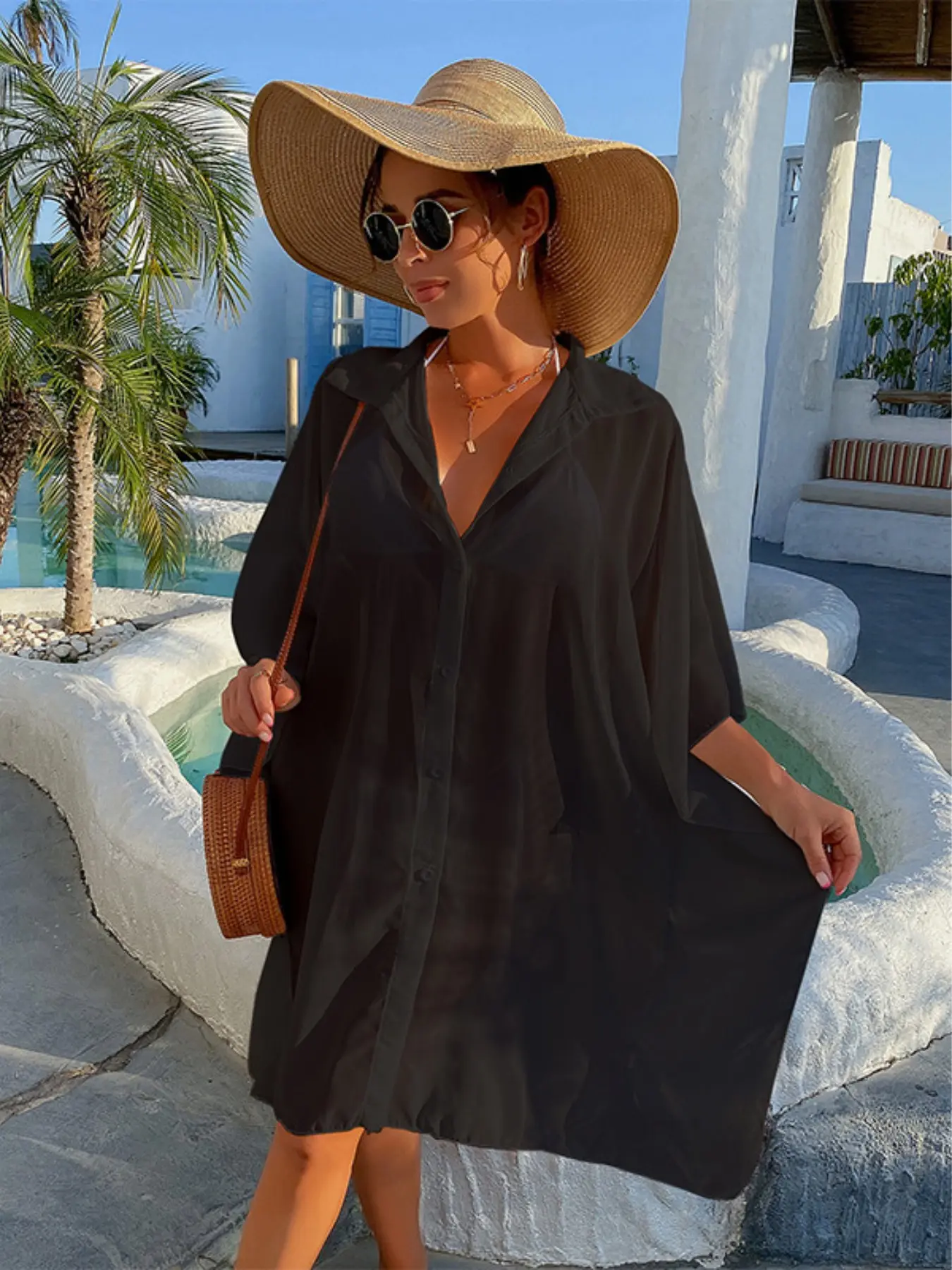New Loose Fit Versatile Single Button Sun Protection Jacket, Five-Quarter Sleeve Shirt Style Bikini Cover-Up for Beach, Cover Up Beachwear, Beach Coverups