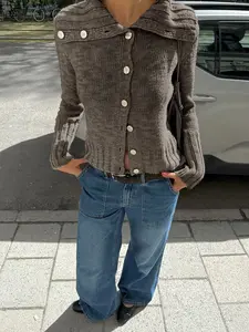 Women's Autumn And Winter New Lapel Front Button Long-Sleeved Knitted Cardigan, Casual Slim Daily Sweater Tops, Design Sense Graduation Back To School Thin Jacket, Knitwear