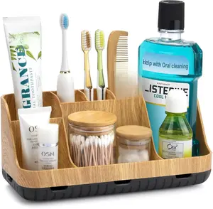 Bathroom Organizers and Storage - Detachable 7 Slots Kids Electric Toothbrush and Toothpaste Drainage Bathroom Accessories Counter Vanity Storage Wood
