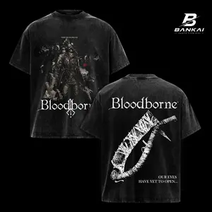 Bloodborne T-Shirt Fear the Old Blood Vintage Washed Oversized Unisex Black Graphic Hoodie Tee, Double Sided Hunter Axe & Hunter Design Shirt, Dark Fantasy Gothic Gaming Apparel, Bloodborne Meme Fan Gift Streetwear Y2K