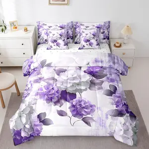 Feelyou 7-Piece Purple Ombre Hydrangea Print Comforter Set - Ultra-Soft Floral Chic Microfiber Luxe Bedding in a Bag, Multi-Size Option for Girls, Seven Pieces