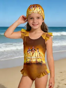 Girls' Gold Gradient Kpop Cartoon Print One-Piece Swimsuit, Sweet Cool Hemline, Quick-Dry Breathable Baby Swimwear, Beach Vacation Gift