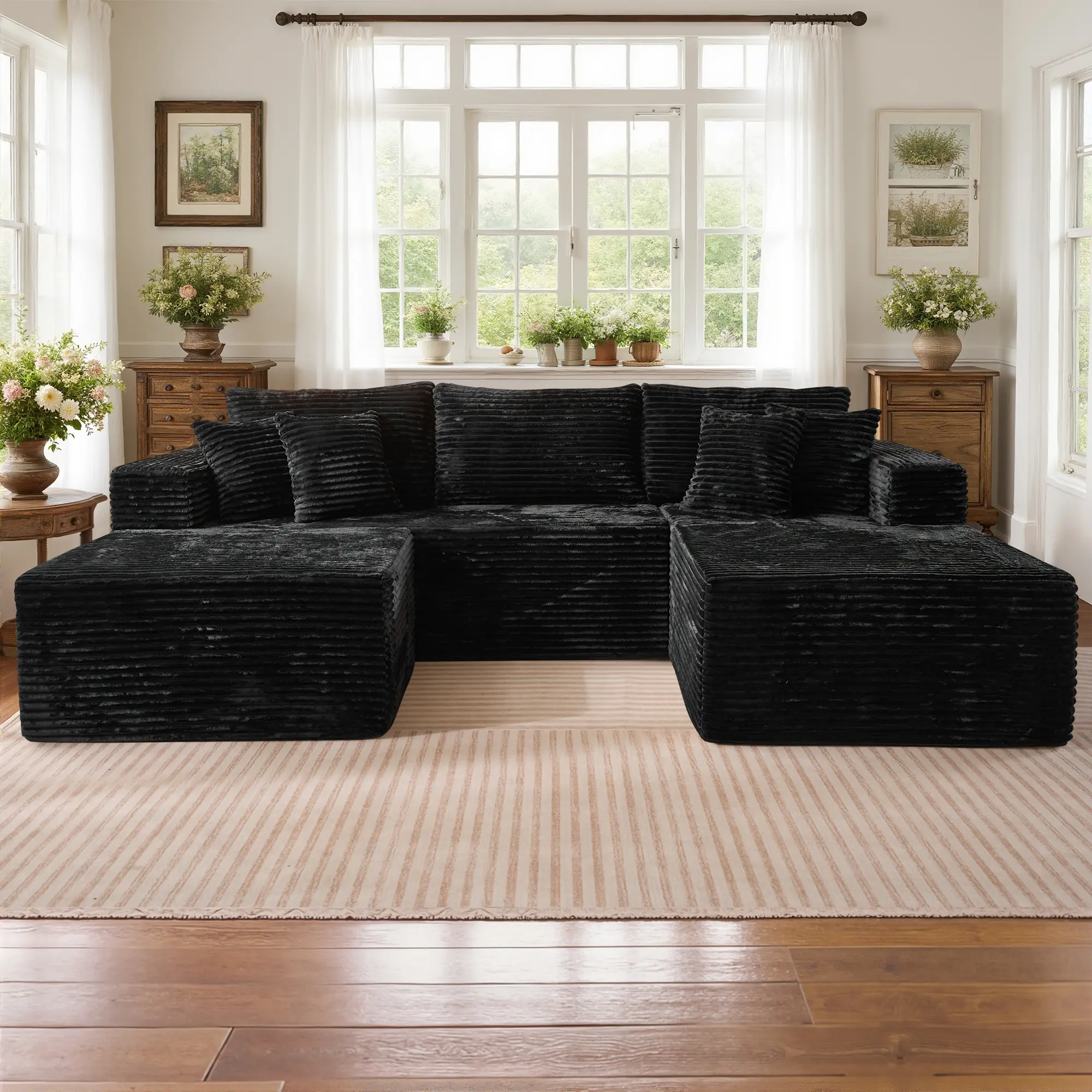 108" Black U Shaped Right Chaise with Ottoman 2