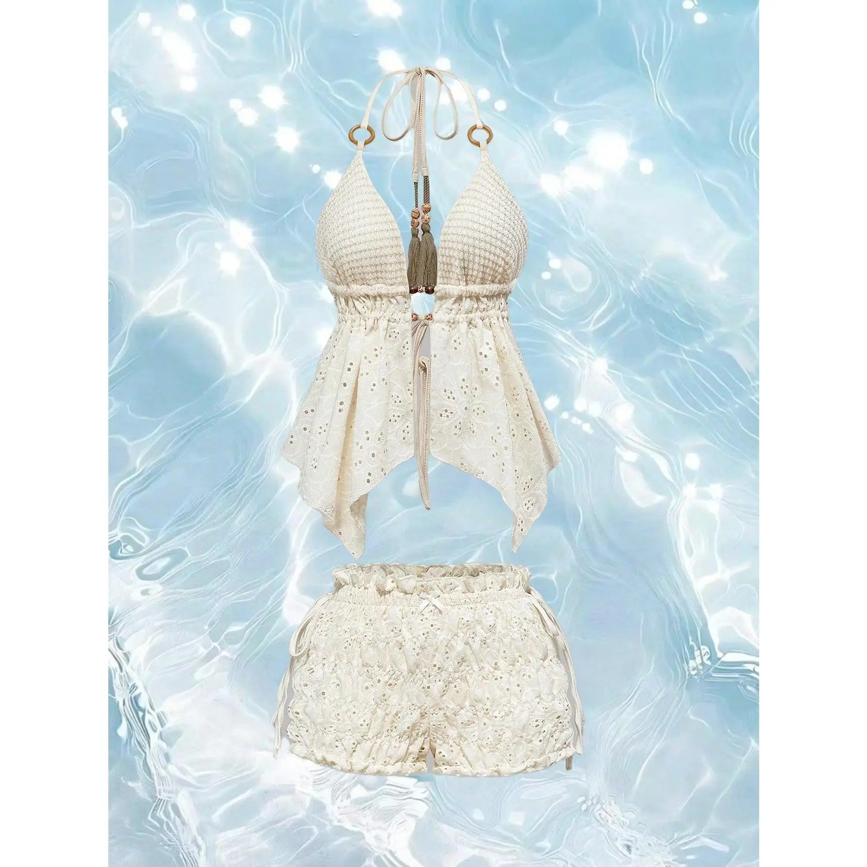 Y2K Style Wooden Beads Decor Backless Spaghetti Strap Top & Low Waist Bubble Shorts 2Pcs Set For Women