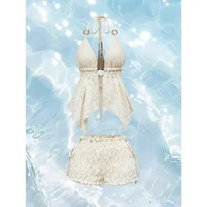 Y2K Style Wooden Beads Decor Backless Spaghetti Strap Top & Low Waist Bubble Shorts 2Pcs Set For Women
