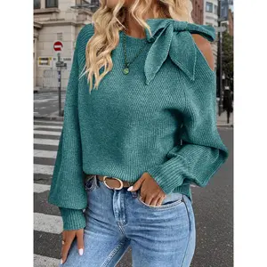 Women'S Elegant Sweater with One-Shoulder Bow Tie & Lantern Sleeves - Soft Round Neck Casual to Semi-Formal All-Season Sweater, Solid Color Versatile Top for Everyday & Special Occasions, Easy-Care Durable Design