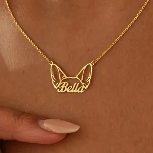 Custom Cute Pet Dog Ear Name Necklace, Jewelry Stainless Steel Gold Dog Tag Necklace
