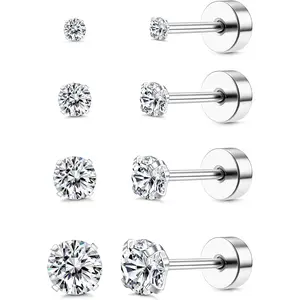 4 Pairs G23 Titanium Stud Earrings for Women Girls Silver Earrings Set Cubic Zirconia Mens Earrings Cartilage Earrings Hypoallergenic for Sensitive Ears 2/3/4/5mm