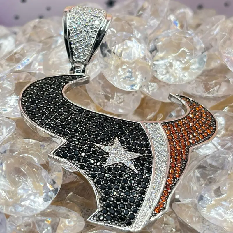 6A “Ice Cut” CZ, Premium Thermal-Fused 14K on Brass Texans Pendant with Pave-Set A-Frame Bail for Daily Wear