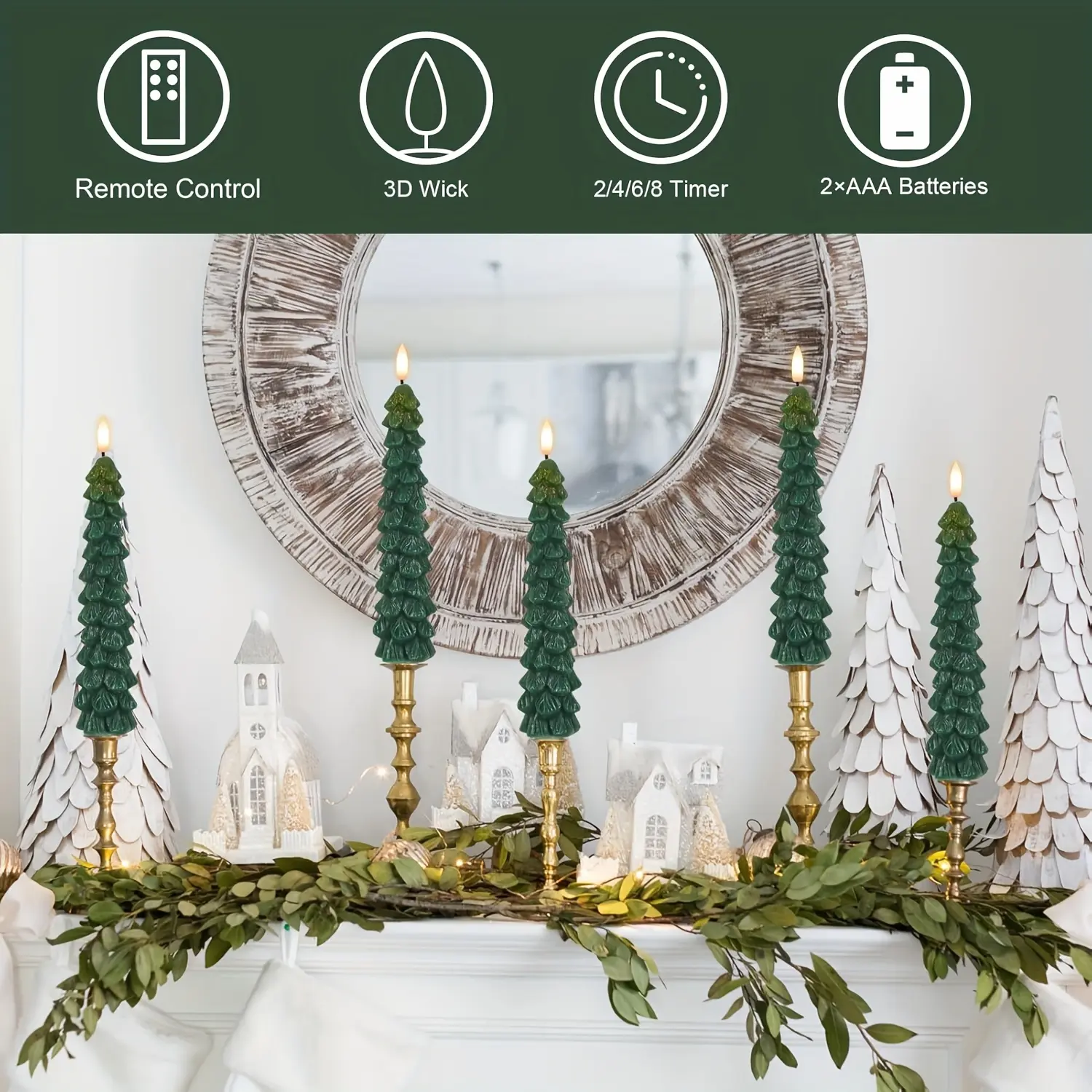 Christmas Decoration for Home, Tree Candles, Christmas Tree Tabletop Decor, Operated Candles with Remote, Ideal Gifts, Green Decor, Christmas Living Room Decor